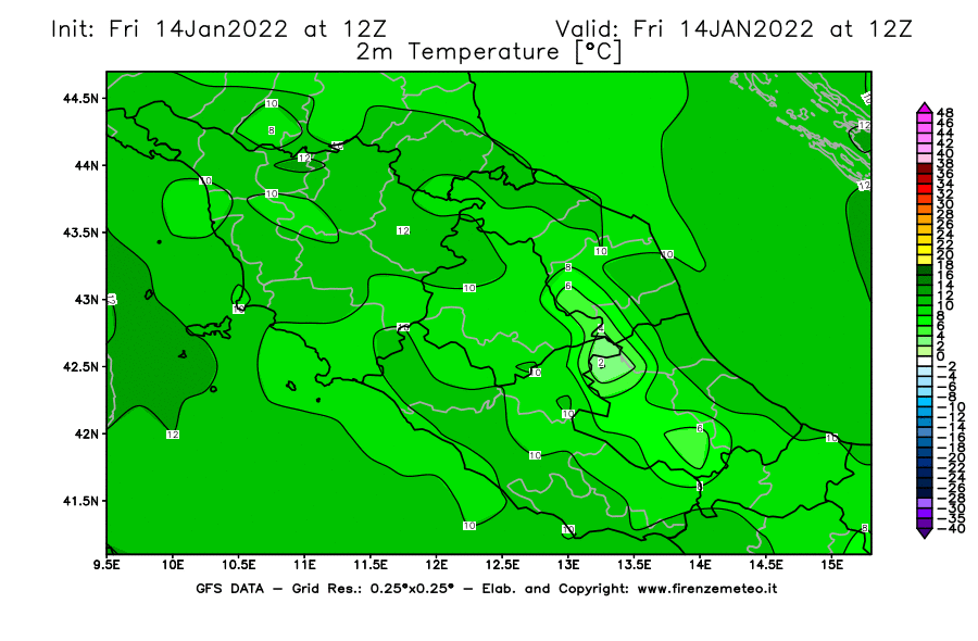 Mappa di analisi GFS - Temperatura a 2 metri dal suolo [°C] in Centro-Italia
							del 14/01/2022 12 <!--googleoff: index-->UTC<!--googleon: index-->