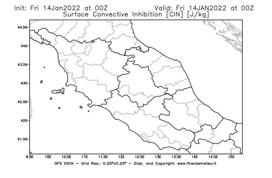Mappa di analisi GFS - CIN [J/kg] in Centro-Italia
							del 14/01/2022 00 <!--googleoff: index-->UTC<!--googleon: index-->