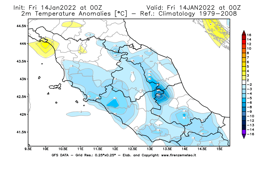 Mappa di analisi GFS - Anomalia Temperatura [°C] a 2 m in Centro-Italia
							del 14/01/2022 00 <!--googleoff: index-->UTC<!--googleon: index-->