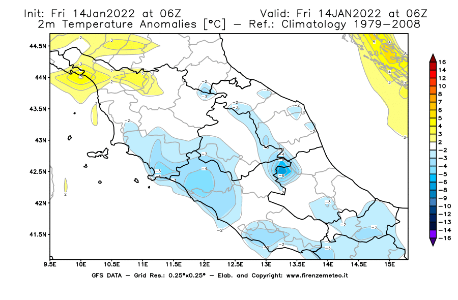 Mappa di analisi GFS - Anomalia Temperatura [°C] a 2 m in Centro-Italia
							del 14/01/2022 06 <!--googleoff: index-->UTC<!--googleon: index-->