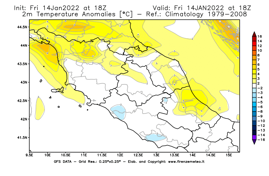 Mappa di analisi GFS - Anomalia Temperatura [°C] a 2 m in Centro-Italia
							del 14/01/2022 18 <!--googleoff: index-->UTC<!--googleon: index-->