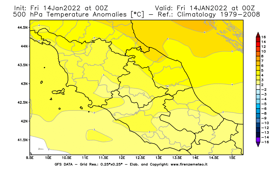 Mappa di analisi GFS - Anomalia Temperatura [°C] a 500 hPa in Centro-Italia
							del 14/01/2022 00 <!--googleoff: index-->UTC<!--googleon: index-->