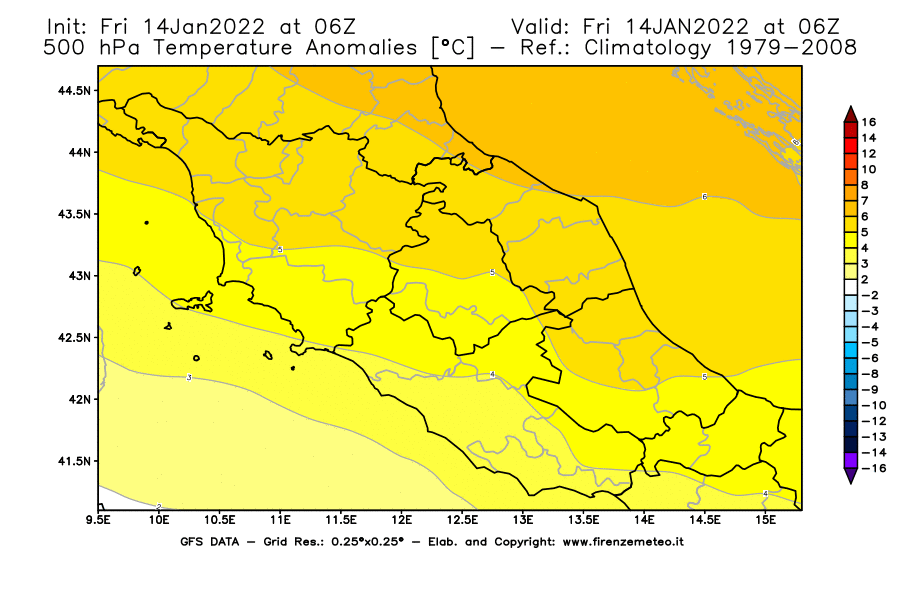Mappa di analisi GFS - Anomalia Temperatura [°C] a 500 hPa in Centro-Italia
							del 14/01/2022 06 <!--googleoff: index-->UTC<!--googleon: index-->
