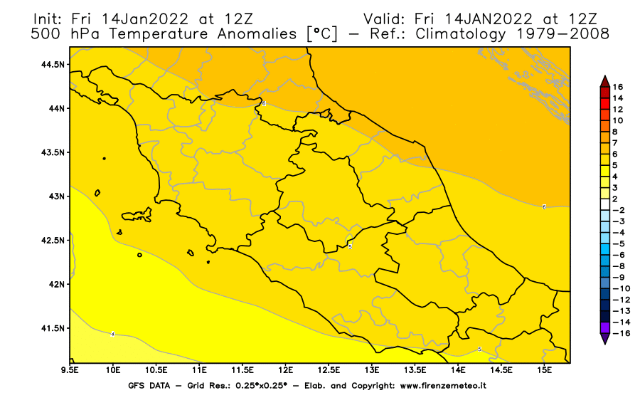 Mappa di analisi GFS - Anomalia Temperatura [°C] a 500 hPa in Centro-Italia
							del 14/01/2022 12 <!--googleoff: index-->UTC<!--googleon: index-->