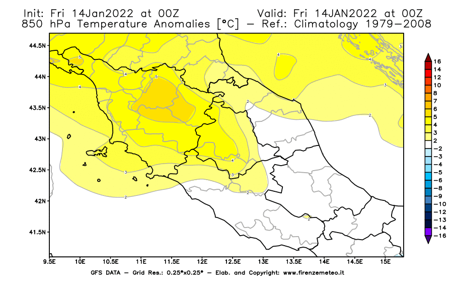 Mappa di analisi GFS - Anomalia Temperatura [°C] a 850 hPa in Centro-Italia
							del 14/01/2022 00 <!--googleoff: index-->UTC<!--googleon: index-->