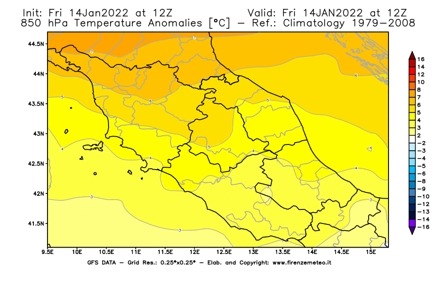 Mappa di analisi GFS - Anomalia Temperatura [°C] a 850 hPa in Centro-Italia
							del 14/01/2022 12 <!--googleoff: index-->UTC<!--googleon: index-->
