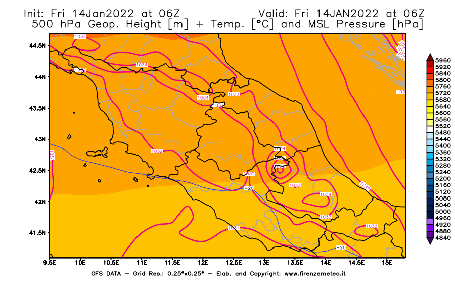 Mappa di analisi GFS - Geopotenziale [m] + Temp. [°C] a 500 hPa + Press. a livello del mare [hPa] in Centro-Italia
							del 14/01/2022 06 <!--googleoff: index-->UTC<!--googleon: index-->