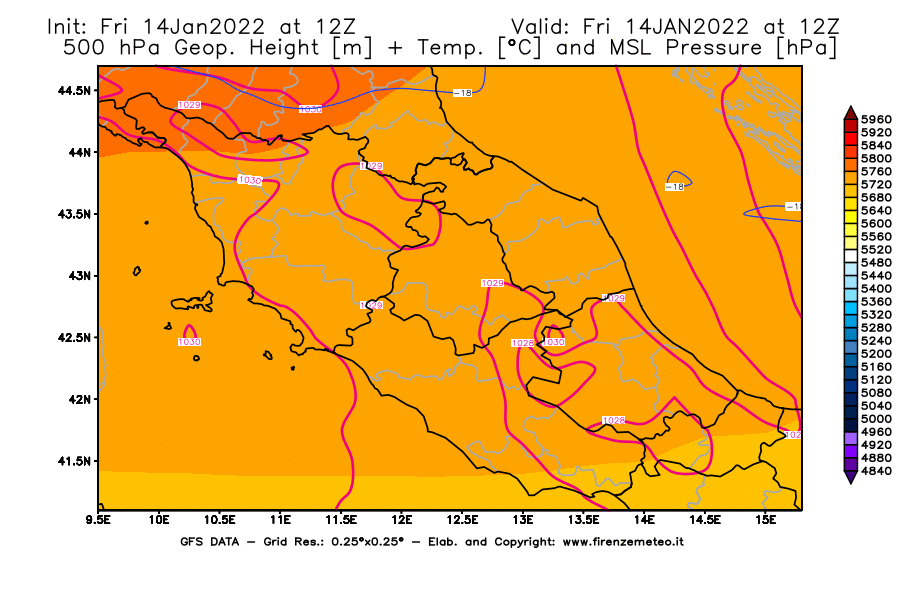 Mappa di analisi GFS - Geopotenziale [m] + Temp. [°C] a 500 hPa + Press. a livello del mare [hPa] in Centro-Italia
							del 14/01/2022 12 <!--googleoff: index-->UTC<!--googleon: index-->