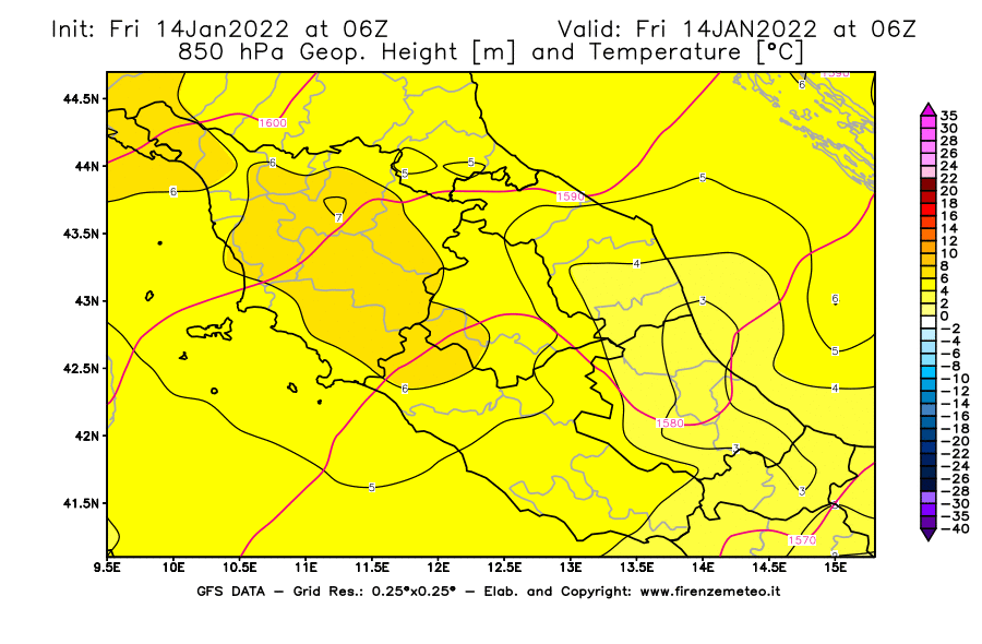 Mappa di analisi GFS - Geopotenziale [m] e Temperatura [°C] a 850 hPa in Centro-Italia
							del 14/01/2022 06 <!--googleoff: index-->UTC<!--googleon: index-->
