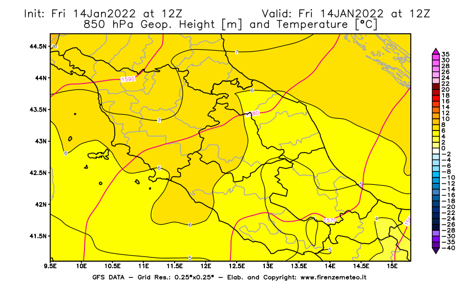 Mappa di analisi GFS - Geopotenziale [m] e Temperatura [°C] a 850 hPa in Centro-Italia
							del 14/01/2022 12 <!--googleoff: index-->UTC<!--googleon: index-->