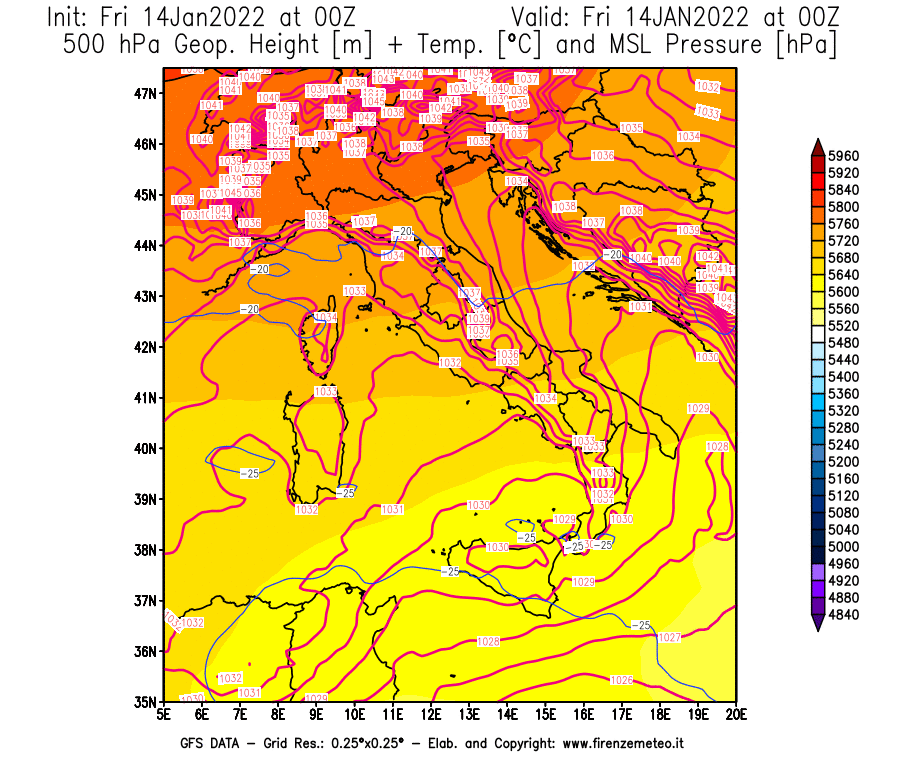 Mappa di analisi GFS - Geopotenziale [m] + Temp. [°C] a 500 hPa + Press. a livello del mare [hPa] in Italia
							del 14/01/2022 00 <!--googleoff: index-->UTC<!--googleon: index-->