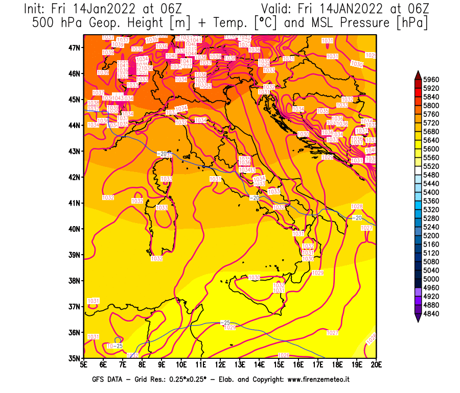 Mappa di analisi GFS - Geopotenziale [m] + Temp. [°C] a 500 hPa + Press. a livello del mare [hPa] in Italia
							del 14/01/2022 06 <!--googleoff: index-->UTC<!--googleon: index-->