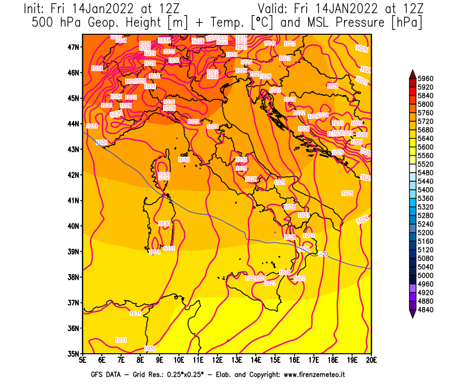 Mappa di analisi GFS - Geopotenziale [m] + Temp. [°C] a 500 hPa + Press. a livello del mare [hPa] in Italia
							del 14/01/2022 12 <!--googleoff: index-->UTC<!--googleon: index-->