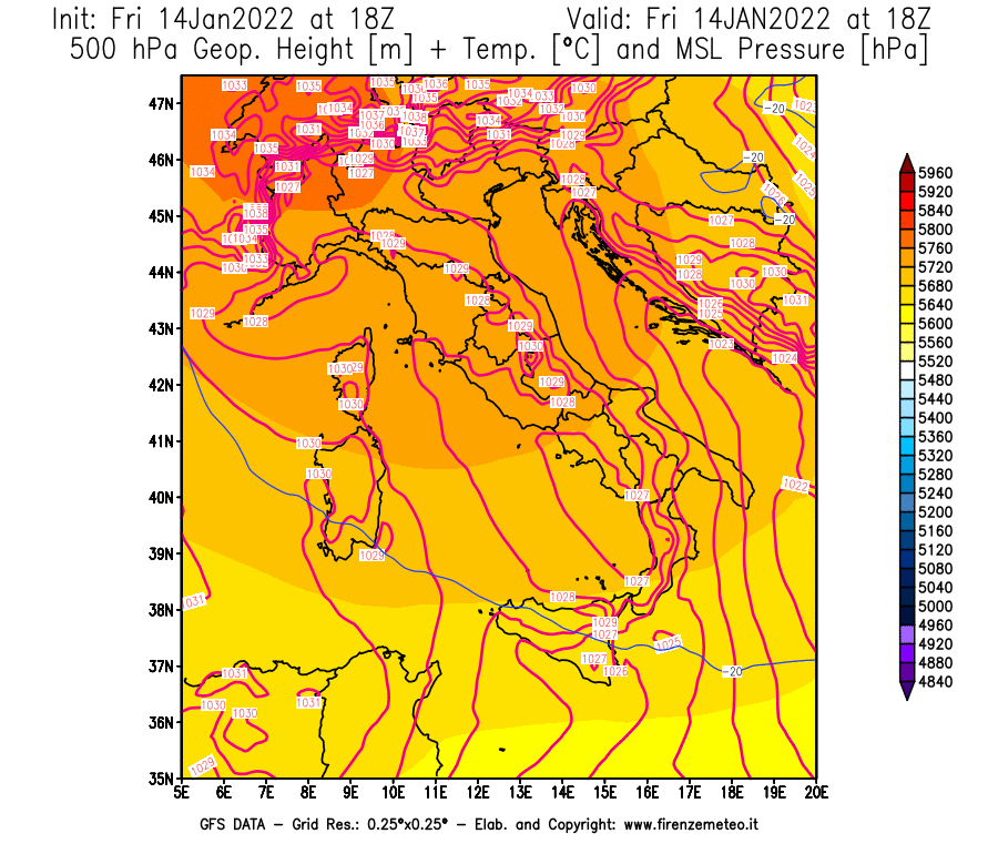 Mappa di analisi GFS - Geopotenziale [m] + Temp. [°C] a 500 hPa + Press. a livello del mare [hPa] in Italia
							del 14/01/2022 18 <!--googleoff: index-->UTC<!--googleon: index-->