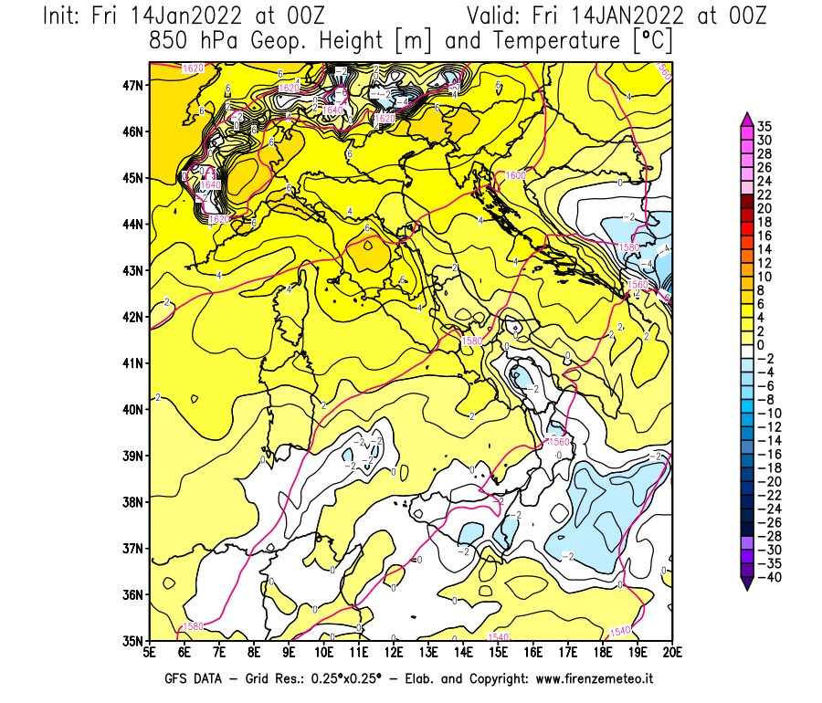 Mappa di analisi GFS - Geopotenziale [m] e Temperatura [°C] a 850 hPa in Italia
							del 14/01/2022 00 <!--googleoff: index-->UTC<!--googleon: index-->