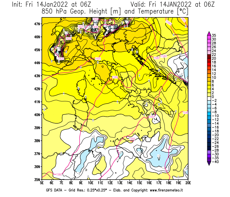 Mappa di analisi GFS - Geopotenziale [m] e Temperatura [°C] a 850 hPa in Italia
							del 14/01/2022 06 <!--googleoff: index-->UTC<!--googleon: index-->