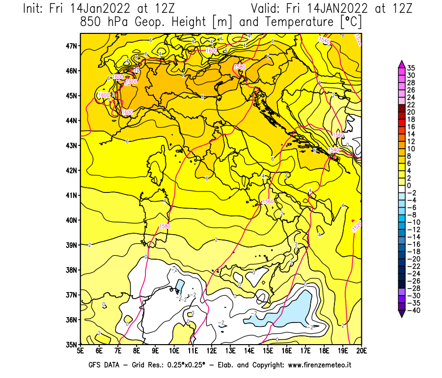 Mappa di analisi GFS - Geopotenziale [m] e Temperatura [°C] a 850 hPa in Italia
							del 14/01/2022 12 <!--googleoff: index-->UTC<!--googleon: index-->