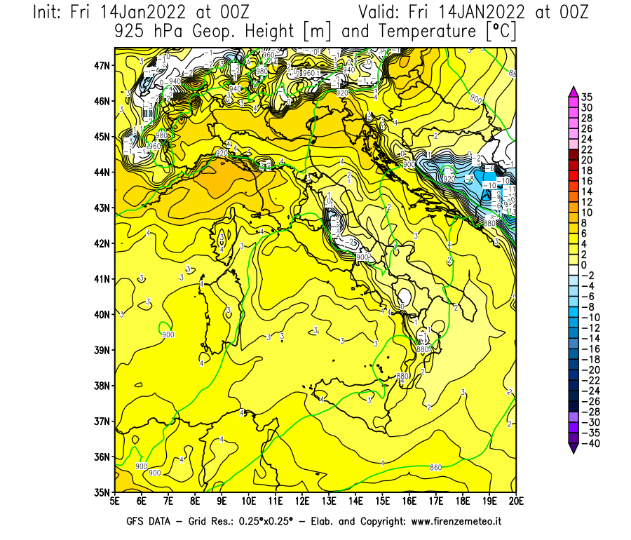 Mappa di analisi GFS - Geopotenziale [m] e Temperatura [°C] a 925 hPa in Italia
							del 14/01/2022 00 <!--googleoff: index-->UTC<!--googleon: index-->