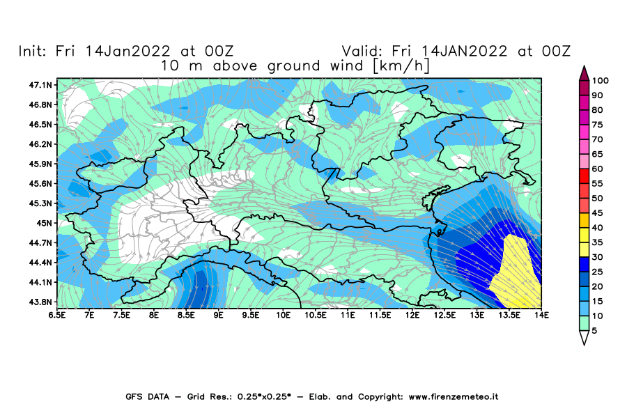 Mappa di analisi GFS - Velocità del vento a 10 metri dal suolo [km/h] in Nord-Italia
							del 14/01/2022 00 <!--googleoff: index-->UTC<!--googleon: index-->