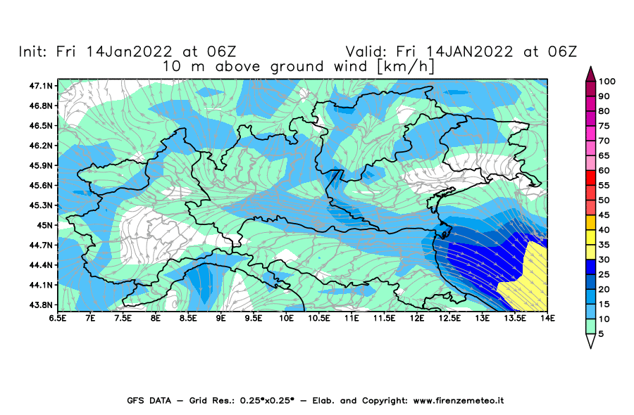 Mappa di analisi GFS - Velocità del vento a 10 metri dal suolo [km/h] in Nord-Italia
							del 14/01/2022 06 <!--googleoff: index-->UTC<!--googleon: index-->