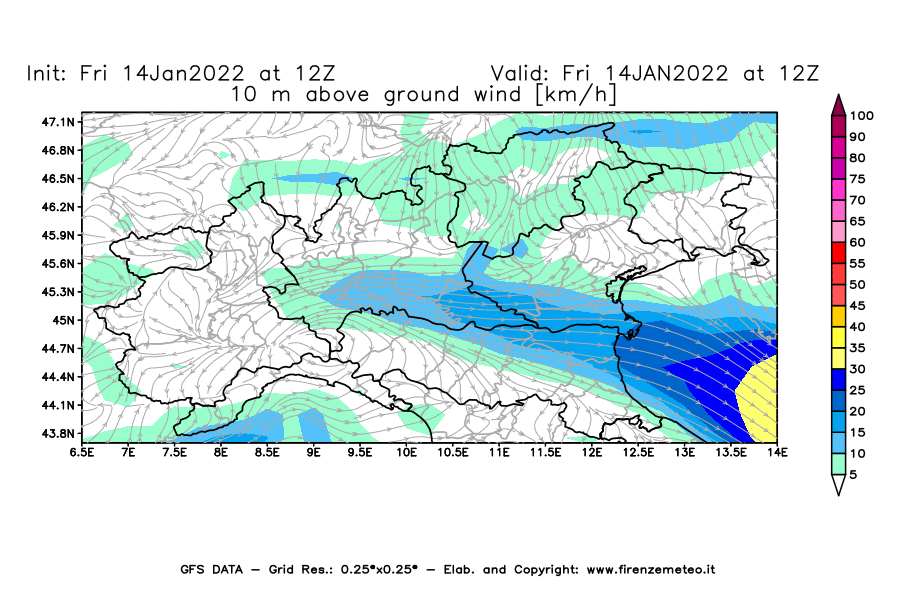 Mappa di analisi GFS - Velocità del vento a 10 metri dal suolo [km/h] in Nord-Italia
							del 14/01/2022 12 <!--googleoff: index-->UTC<!--googleon: index-->