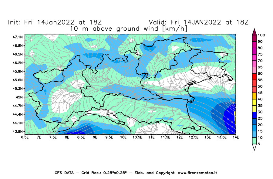 Mappa di analisi GFS - Velocità del vento a 10 metri dal suolo [km/h] in Nord-Italia
							del 14/01/2022 18 <!--googleoff: index-->UTC<!--googleon: index-->