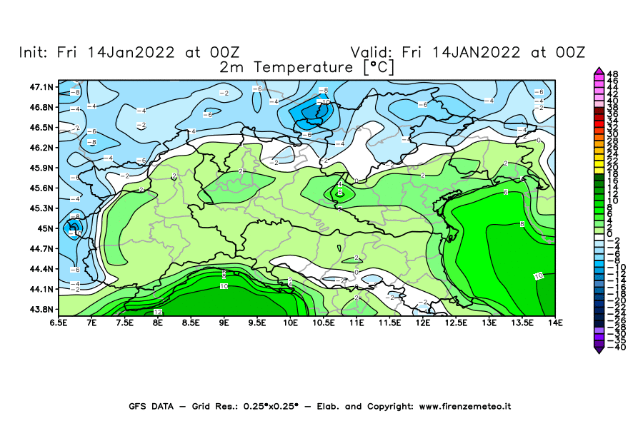 Mappa di analisi GFS - Temperatura a 2 metri dal suolo [°C] in Nord-Italia
							del 14/01/2022 00 <!--googleoff: index-->UTC<!--googleon: index-->