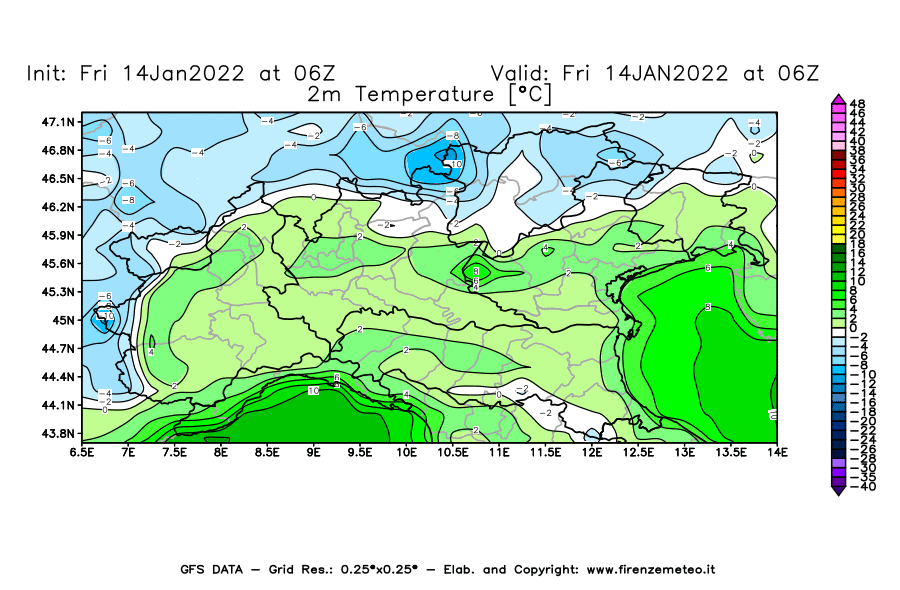 Mappa di analisi GFS - Temperatura a 2 metri dal suolo [°C] in Nord-Italia
							del 14/01/2022 06 <!--googleoff: index-->UTC<!--googleon: index-->