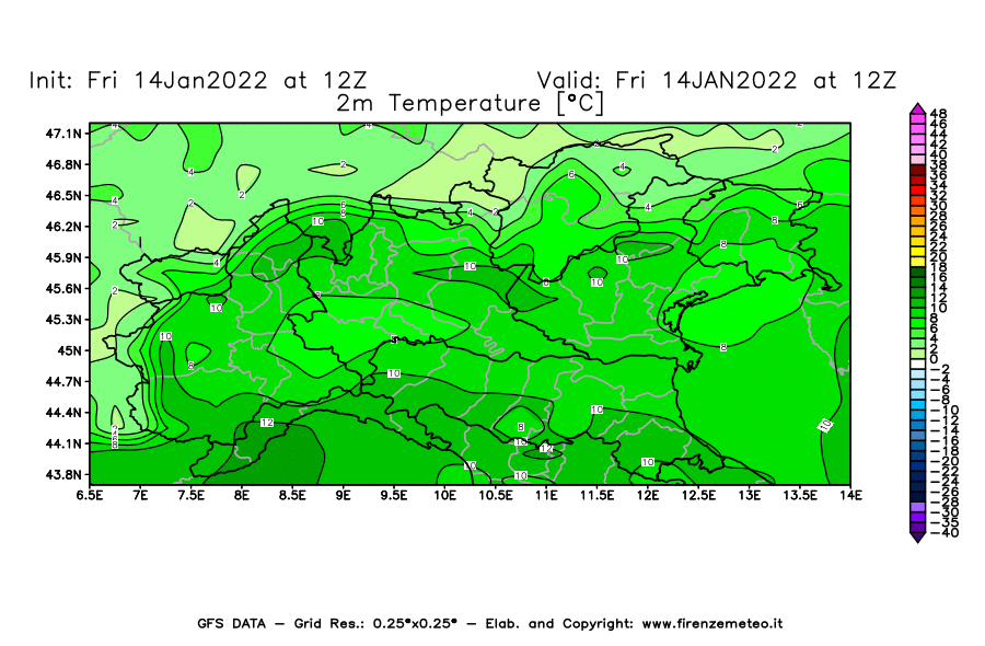 Mappa di analisi GFS - Temperatura a 2 metri dal suolo [°C] in Nord-Italia
							del 14/01/2022 12 <!--googleoff: index-->UTC<!--googleon: index-->