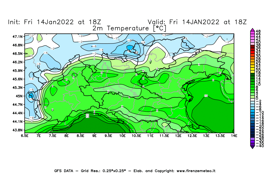 Mappa di analisi GFS - Temperatura a 2 metri dal suolo [°C] in Nord-Italia
							del 14/01/2022 18 <!--googleoff: index-->UTC<!--googleon: index-->