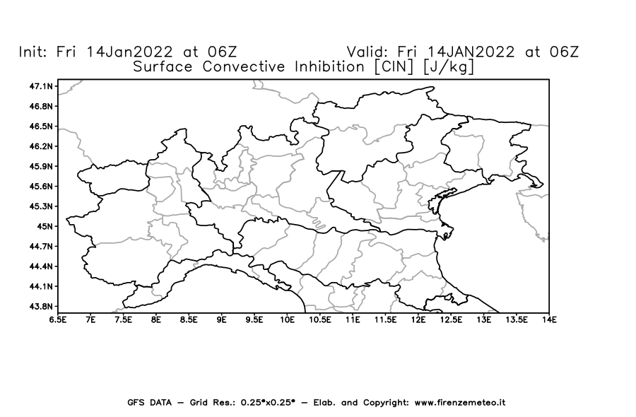 Mappa di analisi GFS - CIN [J/kg] in Nord-Italia
							del 14/01/2022 06 <!--googleoff: index-->UTC<!--googleon: index-->