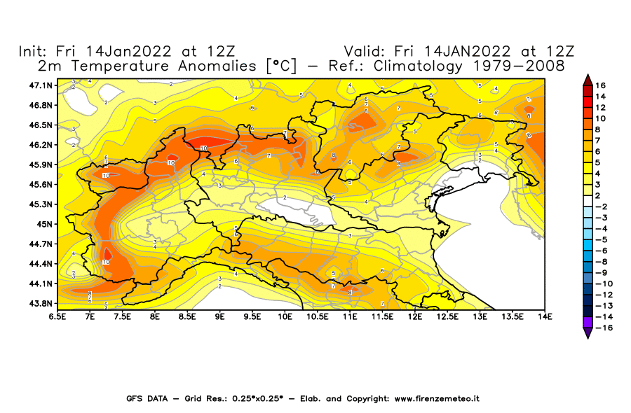 Mappa di analisi GFS - Anomalia Temperatura [°C] a 2 m in Nord-Italia
							del 14/01/2022 12 <!--googleoff: index-->UTC<!--googleon: index-->