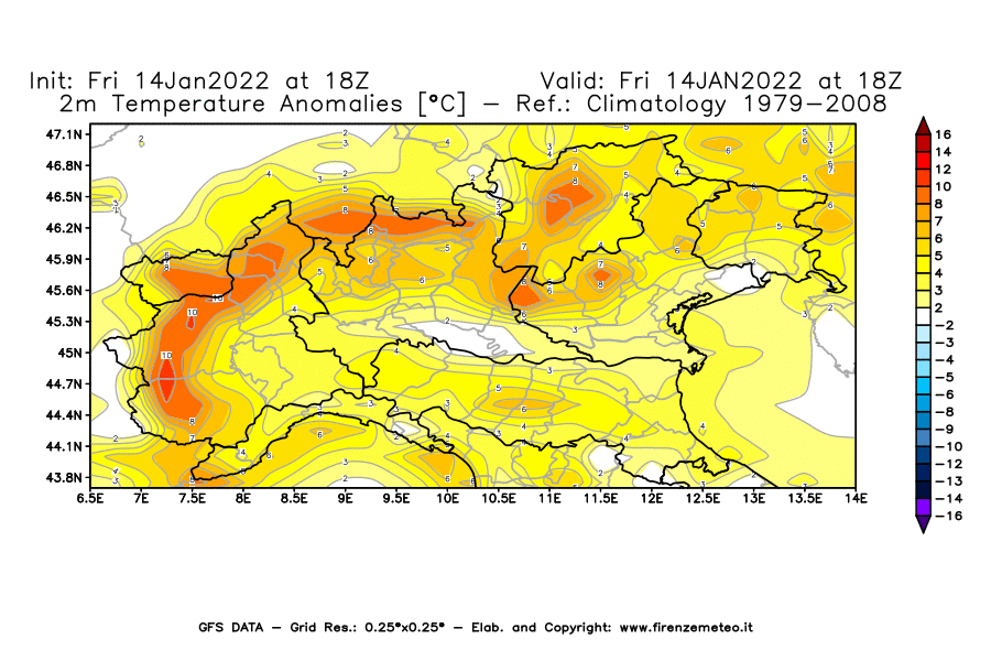 Mappa di analisi GFS - Anomalia Temperatura [°C] a 2 m in Nord-Italia
							del 14/01/2022 18 <!--googleoff: index-->UTC<!--googleon: index-->