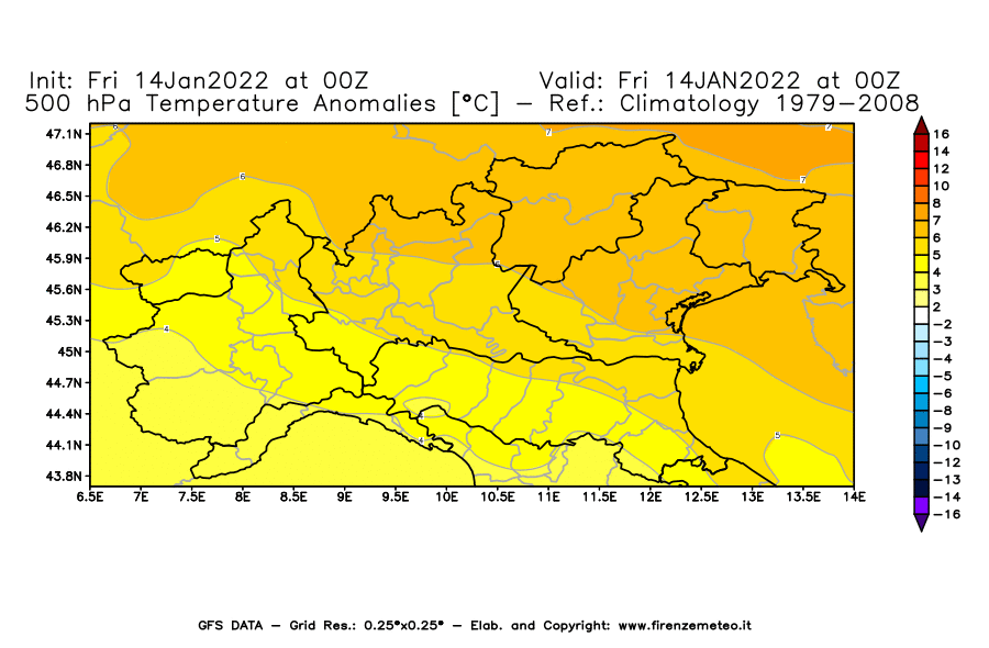 Mappa di analisi GFS - Anomalia Temperatura [°C] a 500 hPa in Nord-Italia
							del 14/01/2022 00 <!--googleoff: index-->UTC<!--googleon: index-->