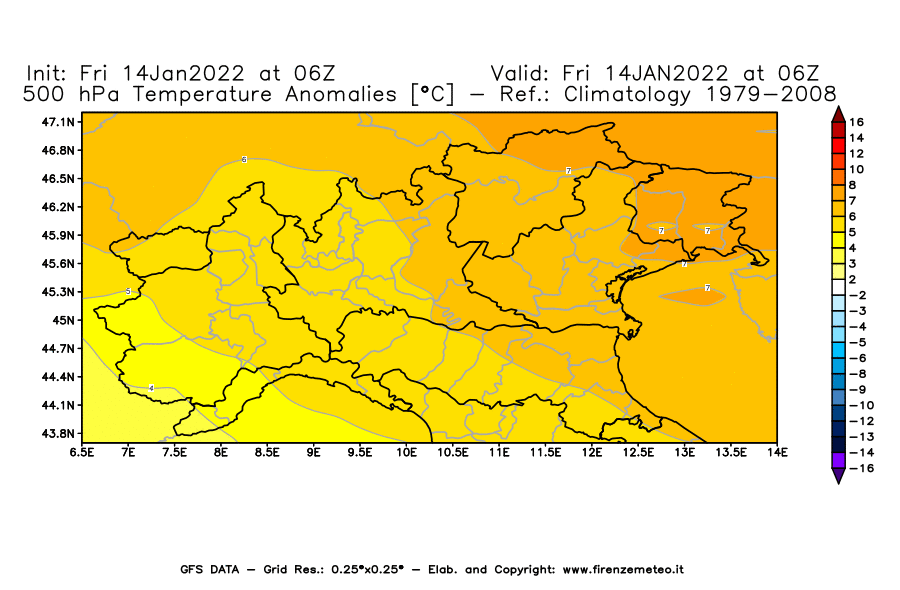 Mappa di analisi GFS - Anomalia Temperatura [°C] a 500 hPa in Nord-Italia
							del 14/01/2022 06 <!--googleoff: index-->UTC<!--googleon: index-->