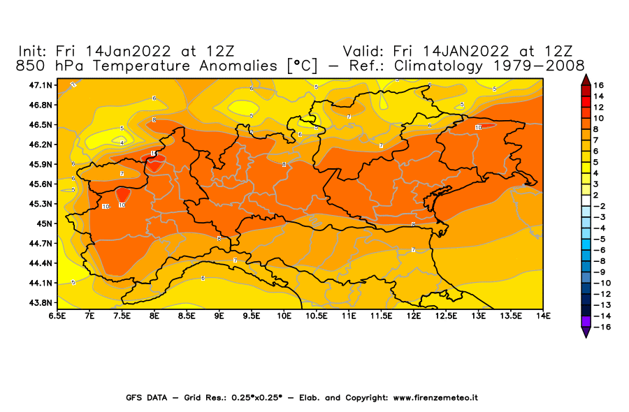 Mappa di analisi GFS - Anomalia Temperatura [°C] a 850 hPa in Nord-Italia
							del 14/01/2022 12 <!--googleoff: index-->UTC<!--googleon: index-->