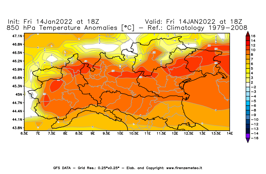 Mappa di analisi GFS - Anomalia Temperatura [°C] a 850 hPa in Nord-Italia
							del 14/01/2022 18 <!--googleoff: index-->UTC<!--googleon: index-->