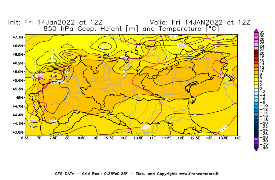 Mappa di analisi GFS - Geopotenziale [m] e Temperatura [°C] a 850 hPa in Nord-Italia
							del 14/01/2022 12 <!--googleoff: index-->UTC<!--googleon: index-->