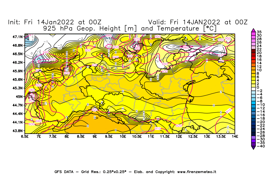 Mappa di analisi GFS - Geopotenziale [m] e Temperatura [°C] a 925 hPa in Nord-Italia
							del 14/01/2022 00 <!--googleoff: index-->UTC<!--googleon: index-->