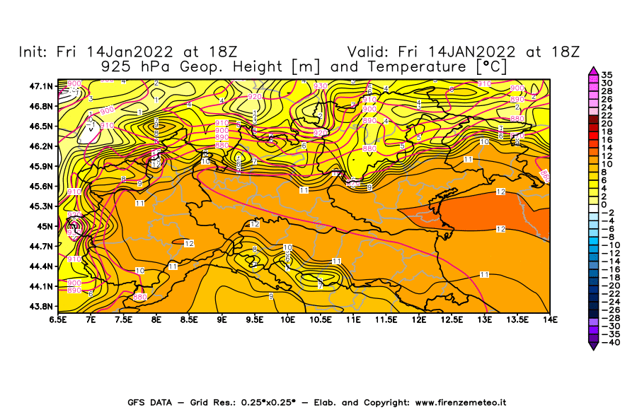 Mappa di analisi GFS - Geopotenziale [m] e Temperatura [°C] a 925 hPa in Nord-Italia
							del 14/01/2022 18 <!--googleoff: index-->UTC<!--googleon: index-->