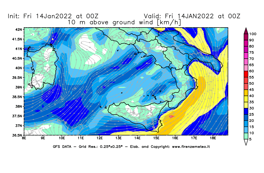 Mappa di analisi GFS - Velocità del vento a 10 metri dal suolo [km/h] in Sud-Italia
							del 14/01/2022 00 <!--googleoff: index-->UTC<!--googleon: index-->