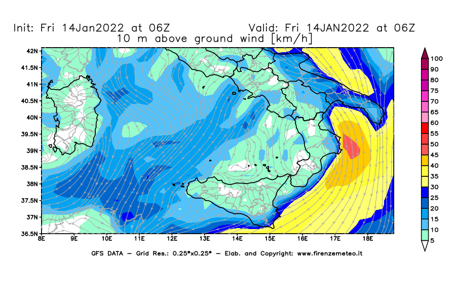 Mappa di analisi GFS - Velocità del vento a 10 metri dal suolo [km/h] in Sud-Italia
							del 14/01/2022 06 <!--googleoff: index-->UTC<!--googleon: index-->