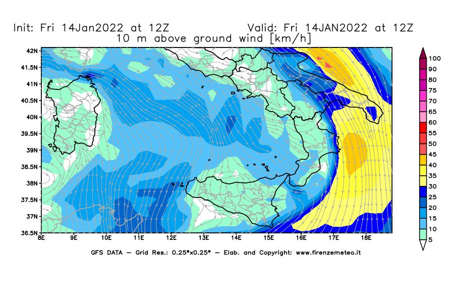 Mappa di analisi GFS - Velocità del vento a 10 metri dal suolo [km/h] in Sud-Italia
							del 14/01/2022 12 <!--googleoff: index-->UTC<!--googleon: index-->