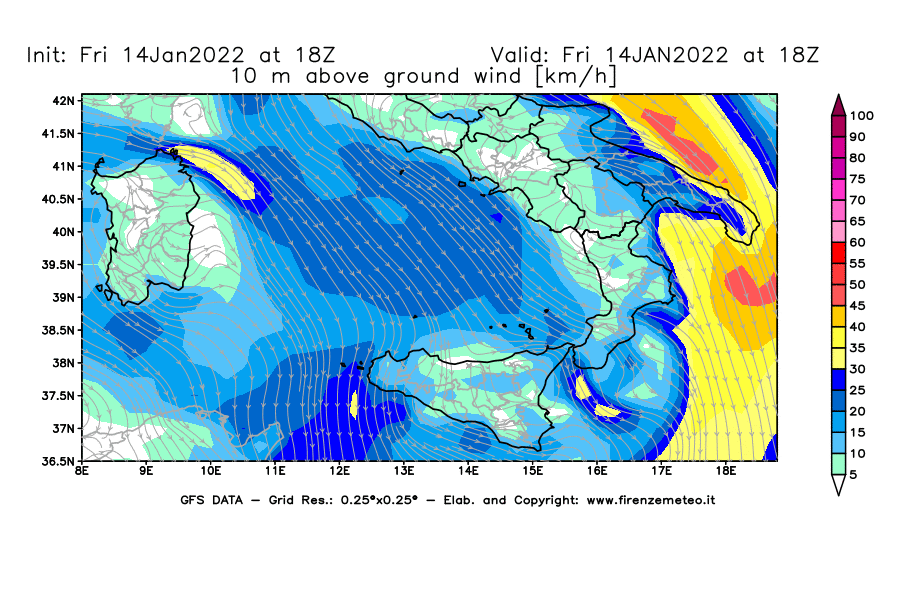 Mappa di analisi GFS - Velocità del vento a 10 metri dal suolo [km/h] in Sud-Italia
							del 14/01/2022 18 <!--googleoff: index-->UTC<!--googleon: index-->