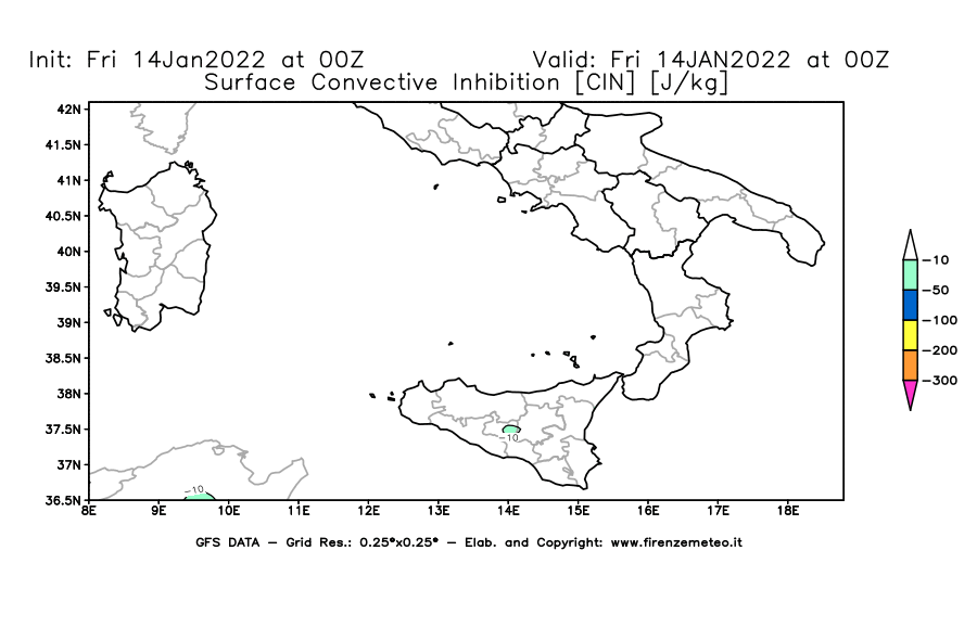 Mappa di analisi GFS - CIN [J/kg] in Sud-Italia
							del 14/01/2022 00 <!--googleoff: index-->UTC<!--googleon: index-->