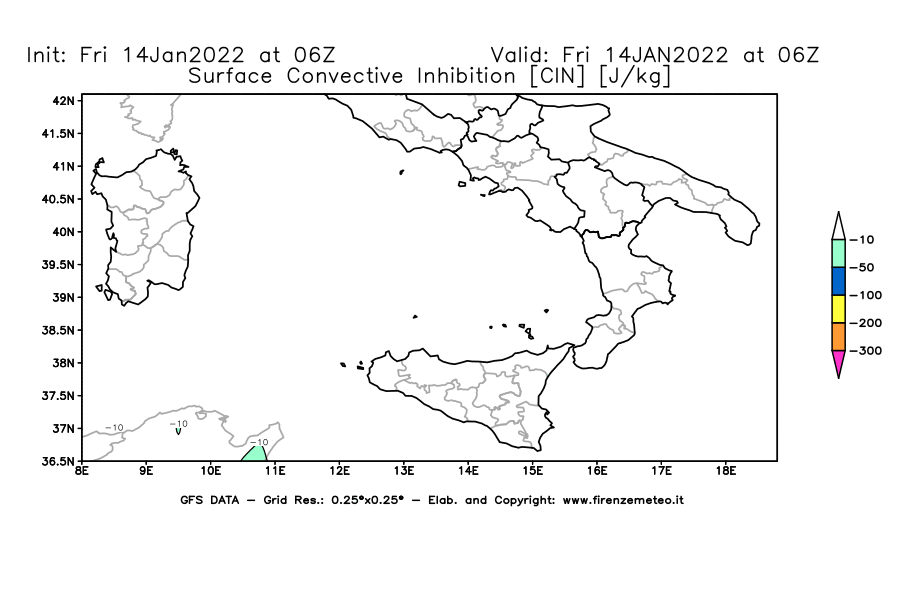 Mappa di analisi GFS - CIN [J/kg] in Sud-Italia
							del 14/01/2022 06 <!--googleoff: index-->UTC<!--googleon: index-->