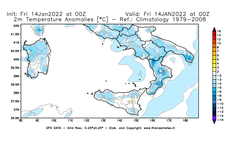 Mappa di analisi GFS - Anomalia Temperatura [°C] a 2 m in Sud-Italia
							del 14/01/2022 00 <!--googleoff: index-->UTC<!--googleon: index-->