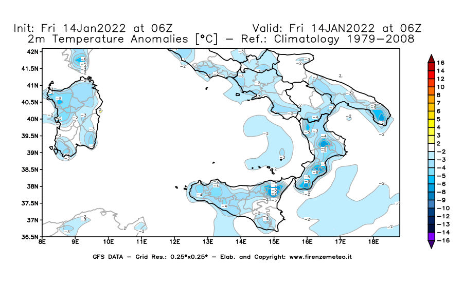Mappa di analisi GFS - Anomalia Temperatura [°C] a 2 m in Sud-Italia
							del 14/01/2022 06 <!--googleoff: index-->UTC<!--googleon: index-->