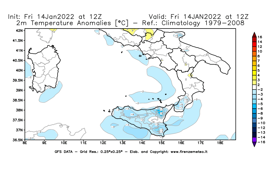 Mappa di analisi GFS - Anomalia Temperatura [°C] a 2 m in Sud-Italia
							del 14/01/2022 12 <!--googleoff: index-->UTC<!--googleon: index-->