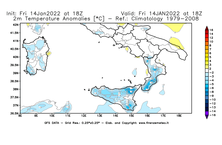 Mappa di analisi GFS - Anomalia Temperatura [°C] a 2 m in Sud-Italia
							del 14/01/2022 18 <!--googleoff: index-->UTC<!--googleon: index-->